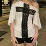 Elbow Sleeve Cold Shoulder Lace Panel Slim-Fit T-Shirt