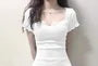 Short-Sleeve Scoop Neck Plain Ruffle Trim Mini Sheath Dress