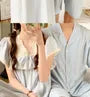 Couple Matching Short-Sleeve V-Neck Striped Lace Panel Midi Pajama Dress / Elbow-Sleeve Lapel Collar Button-Up Top / Shorts / Set