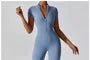 Short-Sleeve Half Zip Plain Sports Jumpsuit