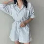 Long-Sleeve Henley Striped Pocket Front Romper