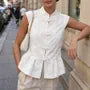 Cap-Sleeve Mandarin Collar Plain Peplum Top