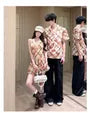 Couple Matching Short-Sleeve Argyle Print Button-Up Shirt / Spaghetti Strap Midi A-Line Dress