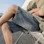Mid Rise Distressed Straight Leg Denim Shorts