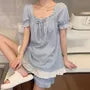 Pajama Set: Short-Sleeve Square Neck Lace Trim Top + Shorts
