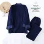 Pajama Set: Plain Long-Sleeve Plain Contrast Trim Kimono Top + Pants