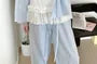Pajama Set: V-Neck Striped Ruffle Tie Front Jacket + High Waist Straight Leg Pants + Plain Camisole Top