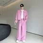 Set: Round Neck Tweed Open Front Jacket + Mid Rise Straight Leg Pants