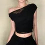 One-Shoulder Short Sleeve Asymmetrical Ruched Lace Trim Crop Top
