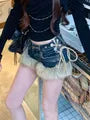 Mid Rise Washed Denim Fluffy Shorts
