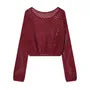 Long-Sleeve Boatneck Perforated Plain Knit Top