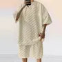 Set: 3/4-Sleeve Crew Neck Checkerboard T-Shirt + Drawstring Waist Wide Leg Sweat Shorts