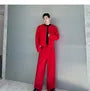 Set: Round Neck Plain Open Front Jacket + Mid Rise Wide Leg Dress Pants
