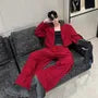 Set: Peak Lapel Two Tone Faux Leather Panel Open Front Crop Blazer + Mid Rise Wide Leg Dress Pants