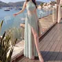 Sleeveless Mock Neck Plain Ruched Lace Panel Maxi Dress