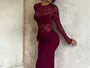 Long Sleeve Crew Neck Plain Ruched Panel Lace Maxi Sheath Dress