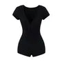 Short-Sleeve V-Neck Plain Lace Panel Ruched Romper
