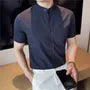 Short Sleeve Band Collar Striped Shirt