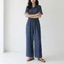 Short-Sleeve Button-Up Drawstring Denim Jumpsuit