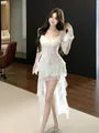 Long-Sleeve V-Neck Asymmetrical Ruffle Trim Lace High Low Dress