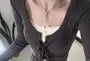 Henley Plain Ribbed Lace Trim Cami Top / Tie Front Cardigan / Mid Rise Plaid Pleated Mini A-Line Skirt