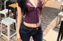 Short-Sleeve V-Neck Plain Lace Trim Cropped T-Shirt