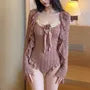 Set: Spaghetti Strap Flower Detail Ruffle Panel Lace Swimsuit + Cover Up Jacket