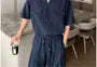 Short-Sleeve Half Buttoned Linen Overhead Shirt / Wide Leg Pants / Set