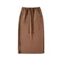Drawstring Waist Plain Side-Slit Midi H-Line Skirt