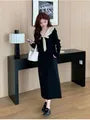Maternity Long Sleeve Collared Two Tone Bow Midi A-Line Breastfeeding Dress