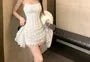 Strapless Fishbone Ruffled Mini Lace Bodycon Dress