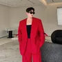 Set: Plain Sing-Breasted Blazer + High Waist Wide Leg Pants