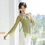 Flared-Sleeve V-Neck Plain Asymmetrical Dance Top