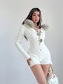 Long-Sleeve Fluffy Trim Hooded Half-Buttoned Cable Knit Romper