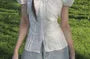 Puff Sleeve Scoop Neck Plain Panel Slim-Fit Button-Up Shirt