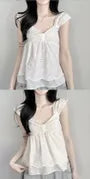 Cap-Sleeve V-Neck Perforated Flowy Crop Top