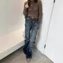 Mid Waist Washed Ripped Bootcut Jeans
