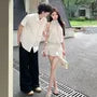 Couple Matching Short-Sleeve Dotted Button-Up Shirt / Halter-Neck Ruffled Mini A-Line Dress