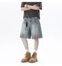 Mid Rise Washed Panel Denim Shorts
