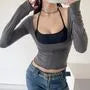 Set: Long-Sleeve Scoop Neck Plain Crop Slim Fit Tee + Halter Bra Top