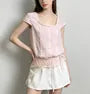 Cap Sleeve Square-Neck Lace-Trim Plain Pleated Slim-Fit Blouse