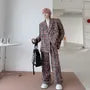 Set: Lapel Collar Plaid Double Breasted Blazer + Mid Rise Wide Leg Pants