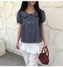 Short Sleeve Collared Plaid Double Breasted Blouse