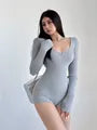 Long-Sleeve Scoop Neck Plain Slim Fit Jumpsuit