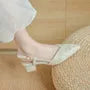 Pointed Toe Slingback Panel Tweed Block Heel Pumps