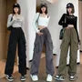 High Waist Plain Drawstring Cargo Baggy Pants