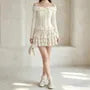Set: Long Sleeve Off Shoulder Plain Bow Ruffle Lace Up Top + High Waist Tiered Mini A-Line Skirt