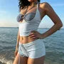 Set: Halter Neck Checker Camisole Top + Bikini Top + Low Waist Bottom
