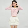 Long-Sleeve Plain Balletcore Crop Top / Mid Rise Tiered Mini A-Line Skirt