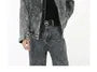 Stand Collar Washed Denim Zip Jacket / Mid Rise Washed Wide Leg Jeans